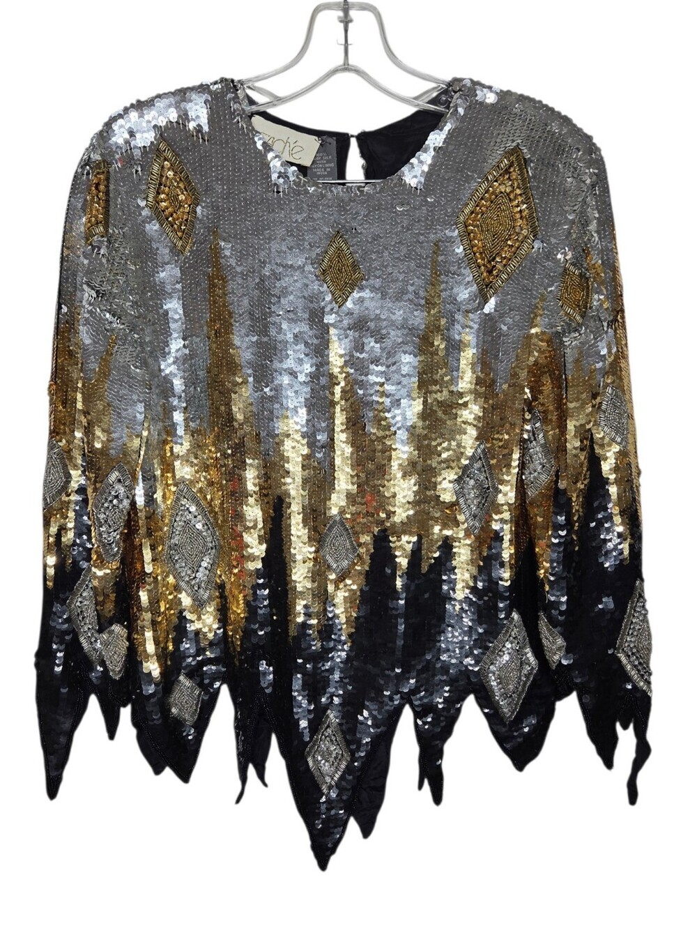 CACHE Sequin Silk Ombre Vintage Top in Silver, Gold & Black
